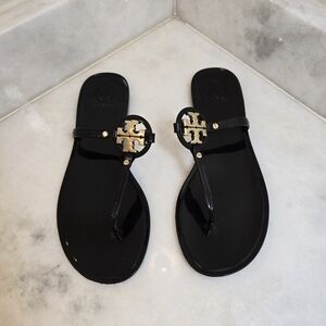 Tory Burch Black Jelly Sandals Gold Logo Madallion Size 9